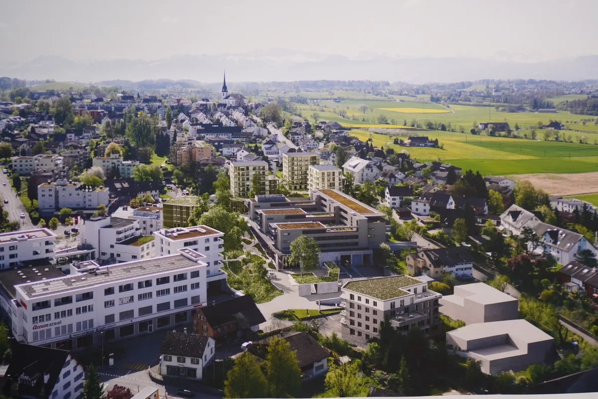 Die Visualisierung eines modernen Dorfzentrums. 